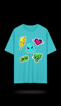 Electric Aqua Oversized T-Shirt With Stickers